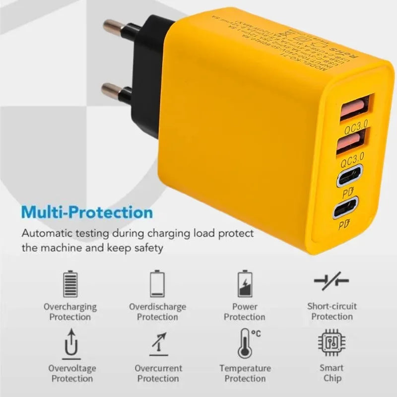 Fast Charging 4 Ports Phone Charger QC3.0 USB Type C Chargers Dual PD Wall Adapter EU/US/UK Plug for iPhone15 Xiaomi