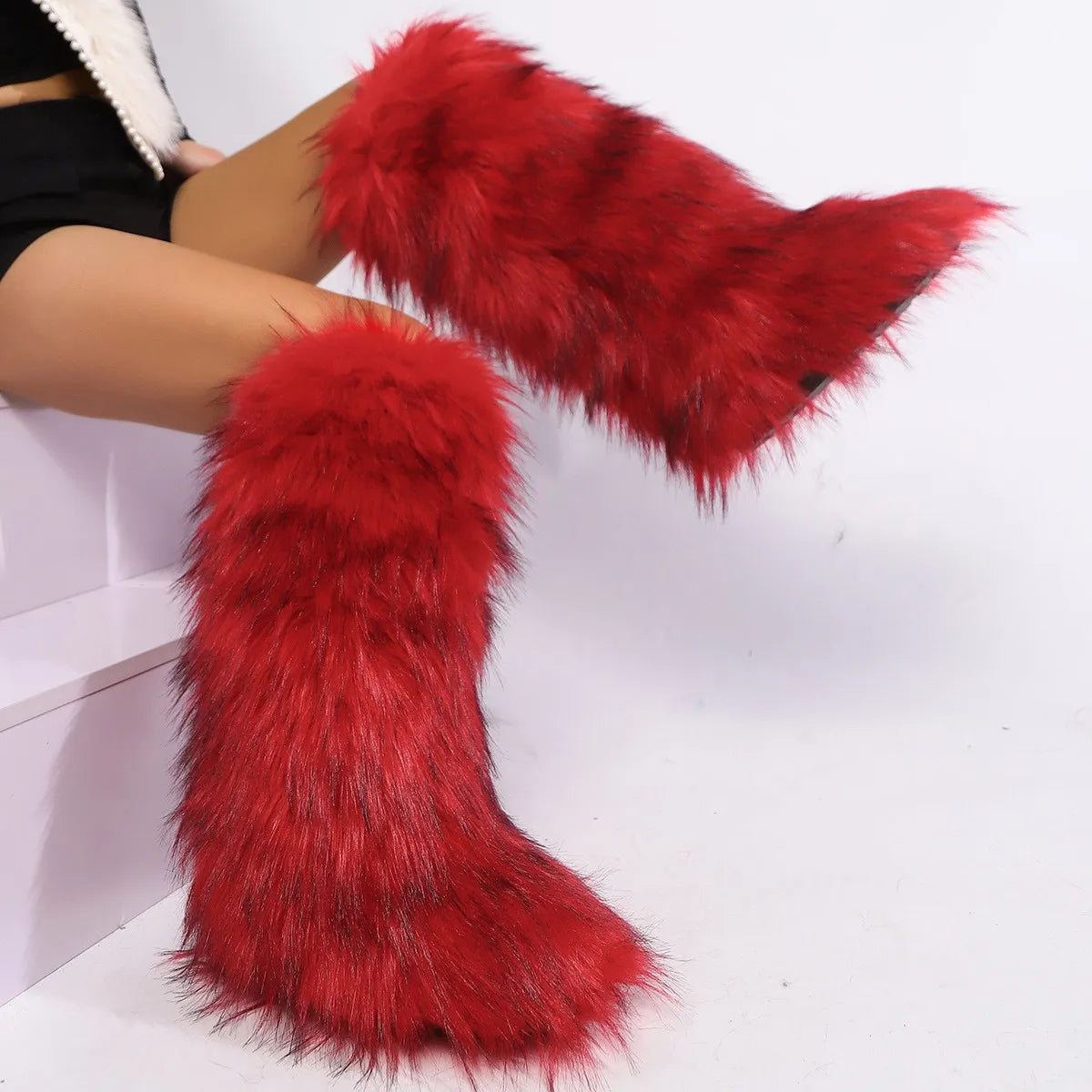 New Designer Luxury Women Fluffy Faux Fur High Tube Snow Boots Long Fur Mongolian Wool Boots Knee High Boots Ankle Snow Boots