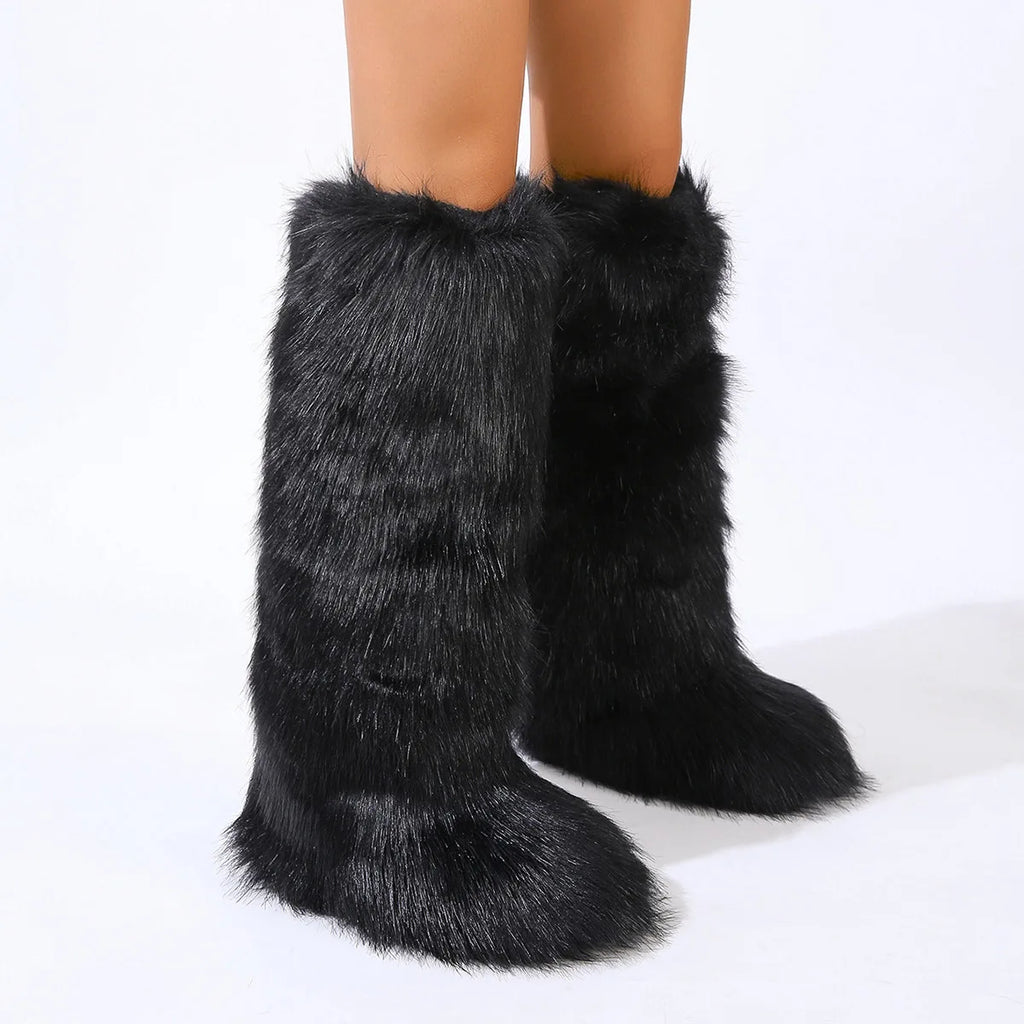 New Designer Luxury Women Fluffy Faux Fur High Tube Snow Boots Long Fur Mongolian Wool Boots Knee High Boots Ankle Snow Boots