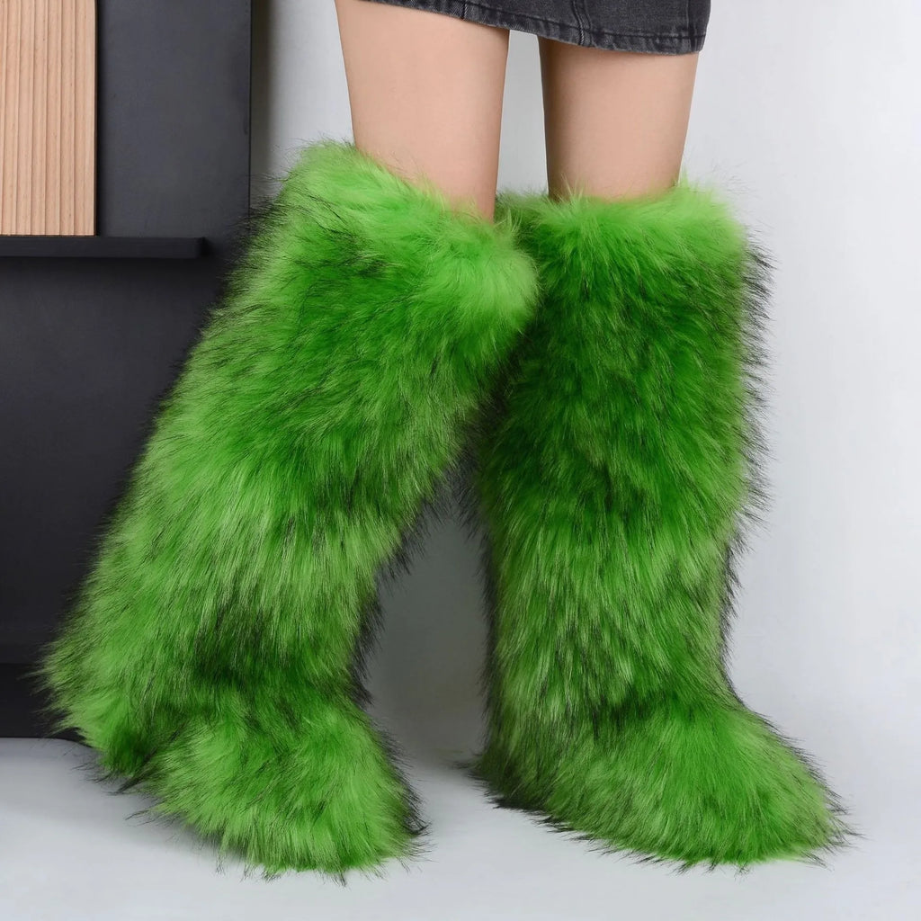 New Designer Luxury Women Fluffy Faux Fur High Tube Snow Boots Long Fur Mongolian Wool Boots Knee High Boots Ankle Snow Boots
