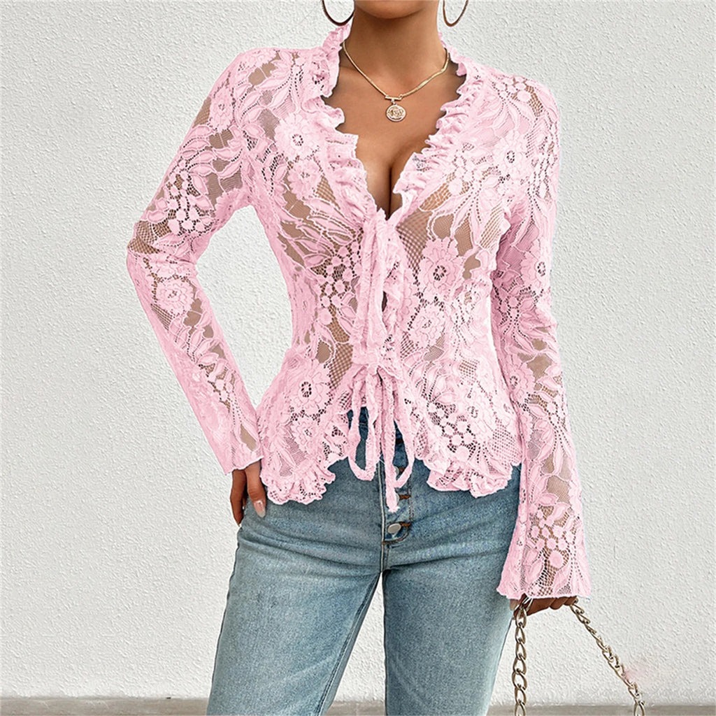 Sexy Women Mesh Lace T-Shirts Long Sleeve Tops Transparent Casual Sheer Basic Tie Front Shirt Blouses for Club Aesthetic Clothes