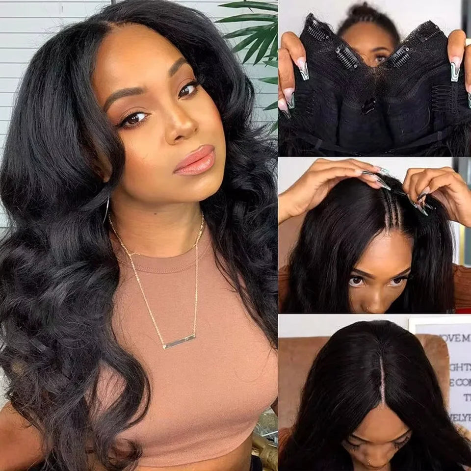 250% Body Wave V Part Wig No Leave Out No Glue Brazilian Remy U Part Human Hair Wave Wigs for Women 16-34 Inch on Clearance Sale