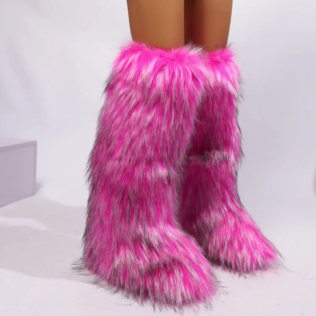 New Designer Luxury Women Fluffy Faux Fur High Tube Snow Boots Long Fur Mongolian Wool Boots Knee High Boots Ankle Snow Boots