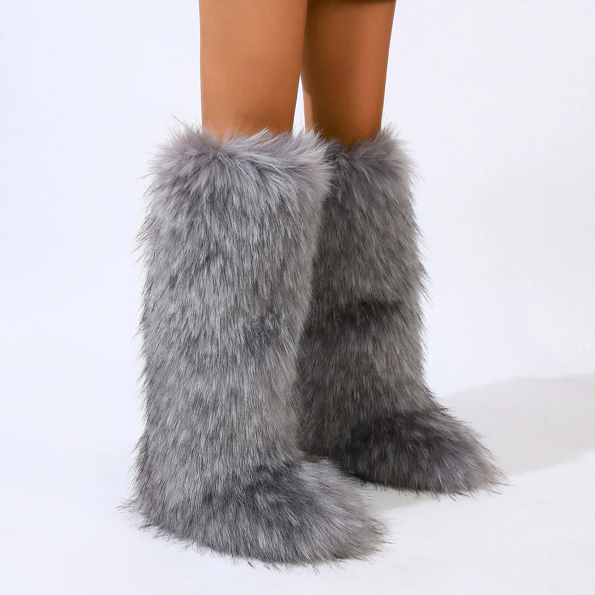 New Designer Luxury Women Fluffy Faux Fur High Tube Snow Boots Long Fur Mongolian Wool Boots Knee High Boots Ankle Snow Boots