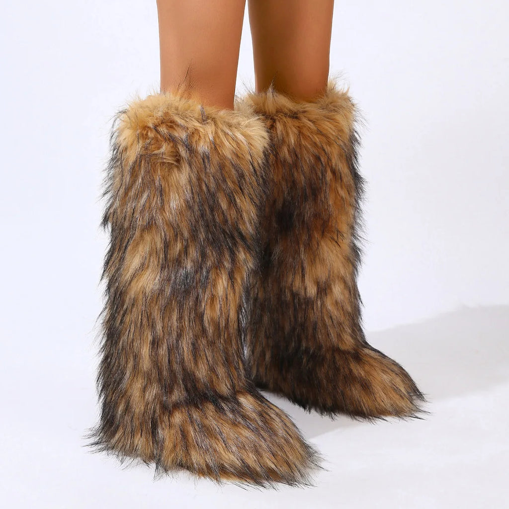New Designer Luxury Women Fluffy Faux Fur High Tube Snow Boots Long Fur Mongolian Wool Boots Knee High Boots Ankle Snow Boots