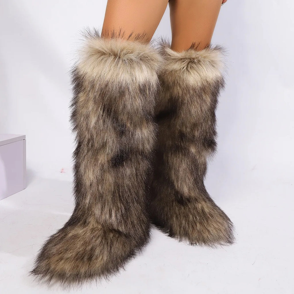 New Designer Luxury Women Fluffy Faux Fur High Tube Snow Boots Long Fur Mongolian Wool Boots Knee High Boots Ankle Snow Boots