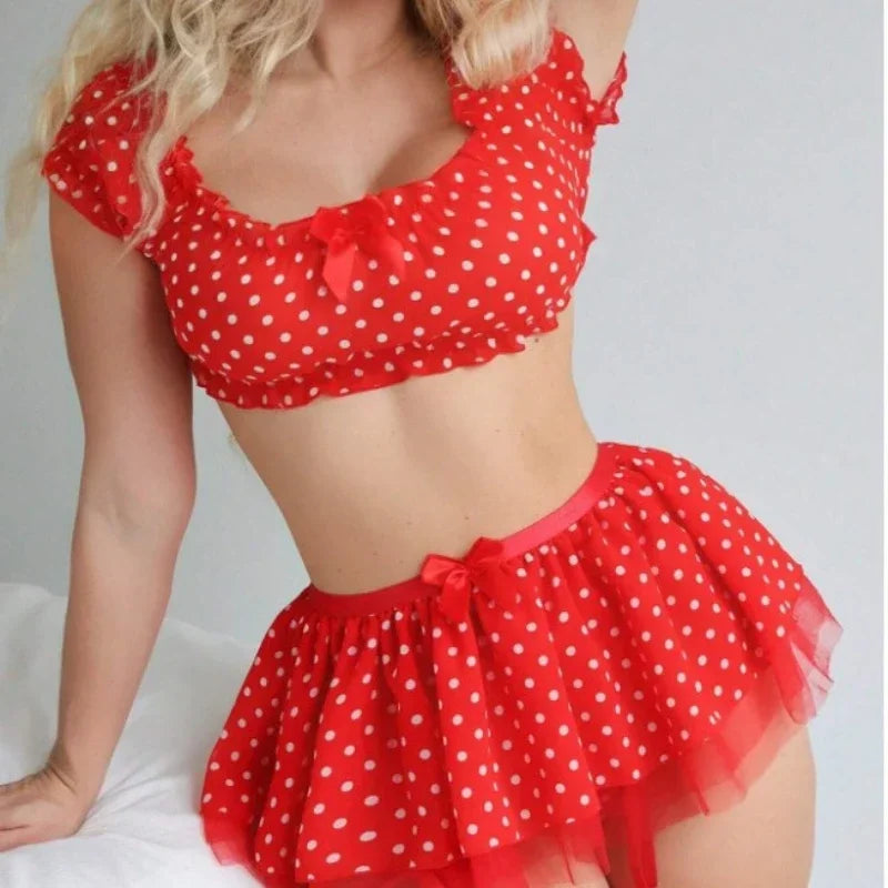 Polka Dot Shoulder Revealing Puffy Skirt 3-piece Sets Sexy Lace Top Skirt Thongs Underwear Suits Romantic Intimate Exotic Sets