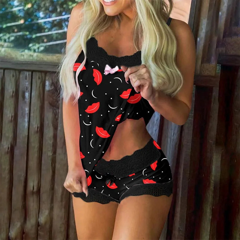 2 Pieces Set Women'S Pajama Shorts Suit Homewear Print Underwear Pijama Sexy Lingerie Camisoles Tanks Nighty Sling Sleepwear